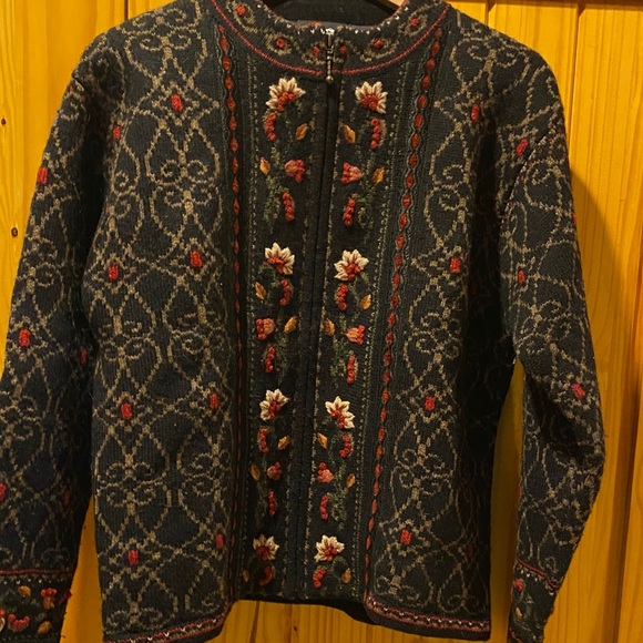 Icelandic Design Sweaters - Dark Gray Embroidered Wool Jacket with Floral Detail